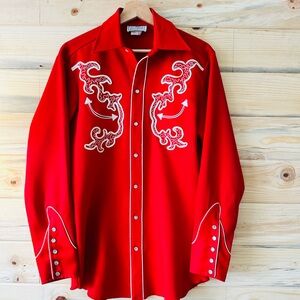 Vintage Red Western Embroidered Men's Shirt S